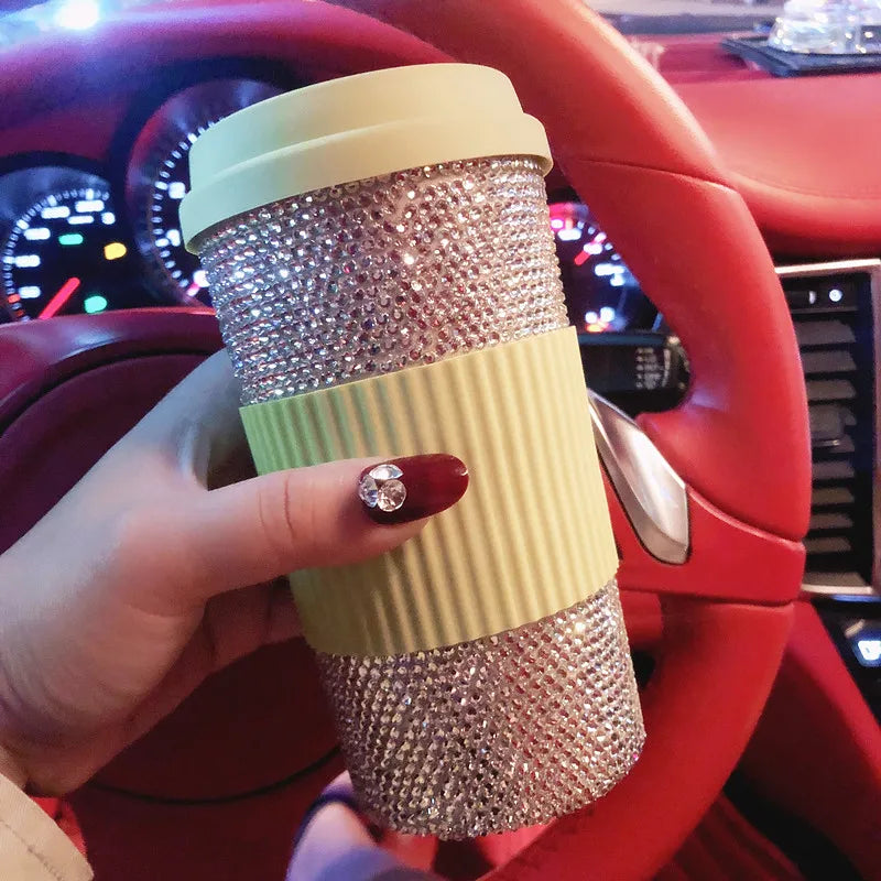 Shiny Mug with Lid Coffee Cup Portable Car Travel Inlaid Diamond Water Cup Leakproof 500ml Tumbler with Straw Reusable Cute Mug