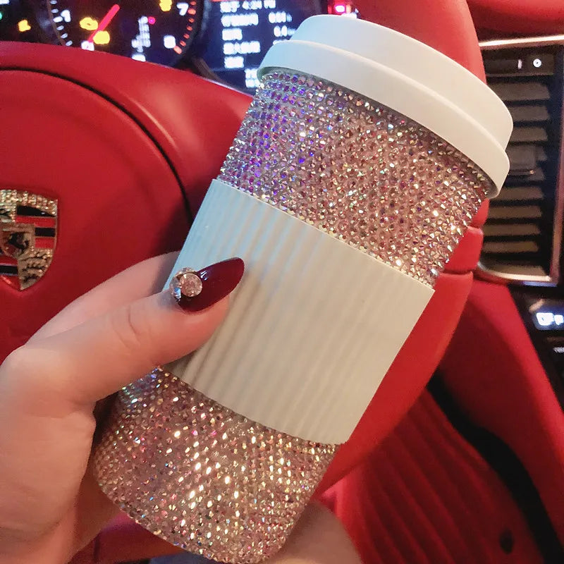 Shiny Mug with Lid Coffee Cup Portable Car Travel Inlaid Diamond Water Cup Leakproof 500ml Tumbler with Straw Reusable Cute Mug