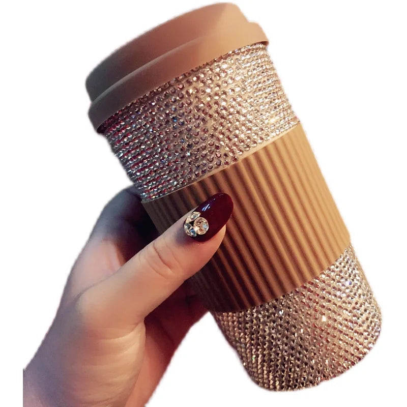 Shiny Mug with Lid Coffee Cup Portable Car Travel Inlaid Diamond Water Cup Leakproof 500ml Tumbler with Straw Reusable Cute Mug
