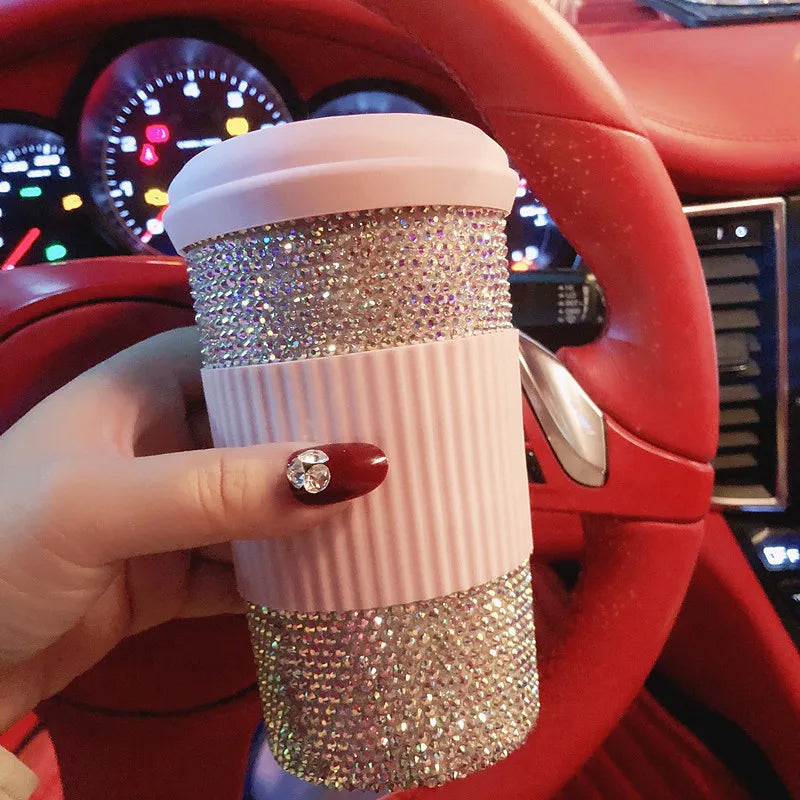 Shiny Mug with Lid Coffee Cup Portable Car Travel Inlaid Diamond Water Cup Leakproof 500ml Tumbler with Straw Reusable Cute Mug