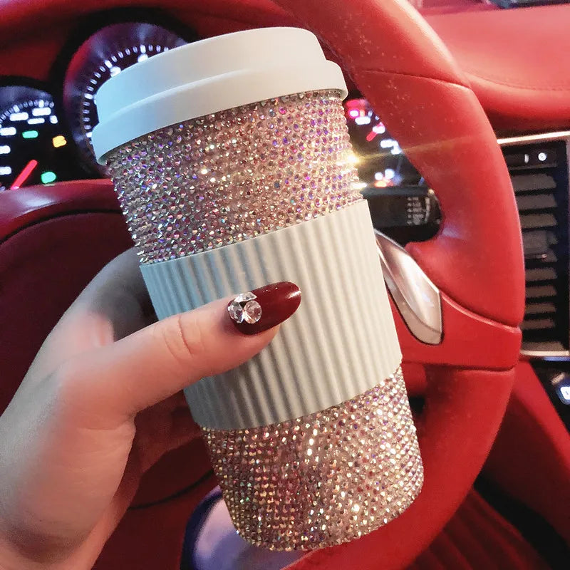 Shiny Mug with Lid Coffee Cup Portable Car Travel Inlaid Diamond Water Cup Leakproof 500ml Tumbler with Straw Reusable Cute Mug