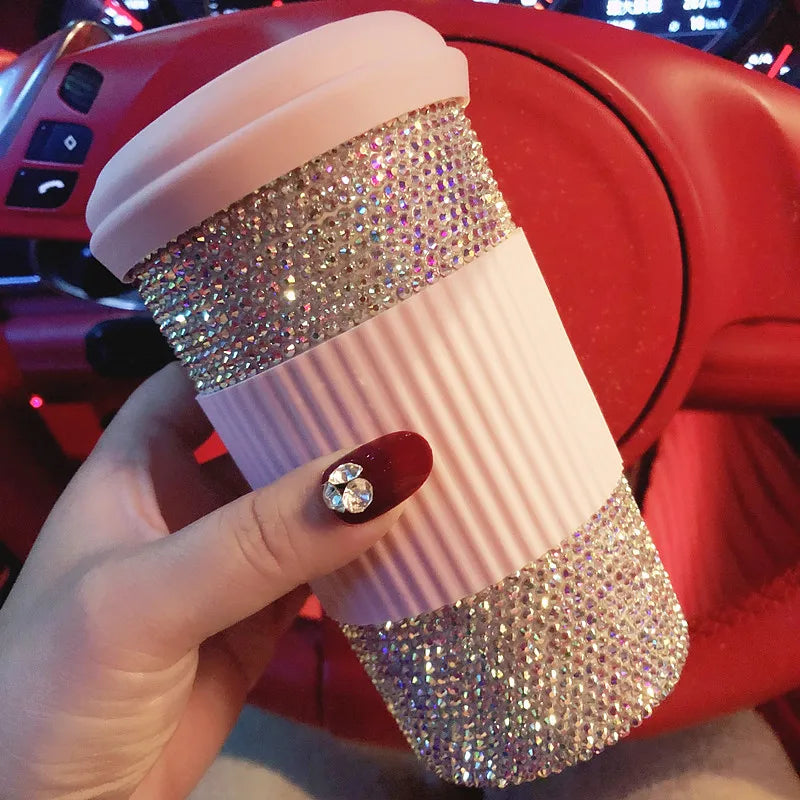Shiny Mug with Lid Coffee Cup Portable Car Travel Inlaid Diamond Water Cup Leakproof 500ml Tumbler with Straw Reusable Cute Mug