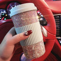 Shiny Mug with Lid Coffee Cup Portable Car Travel Inlaid Diamond Water Cup Leakproof 500ml Tumbler with Straw Reusable Cute Mug