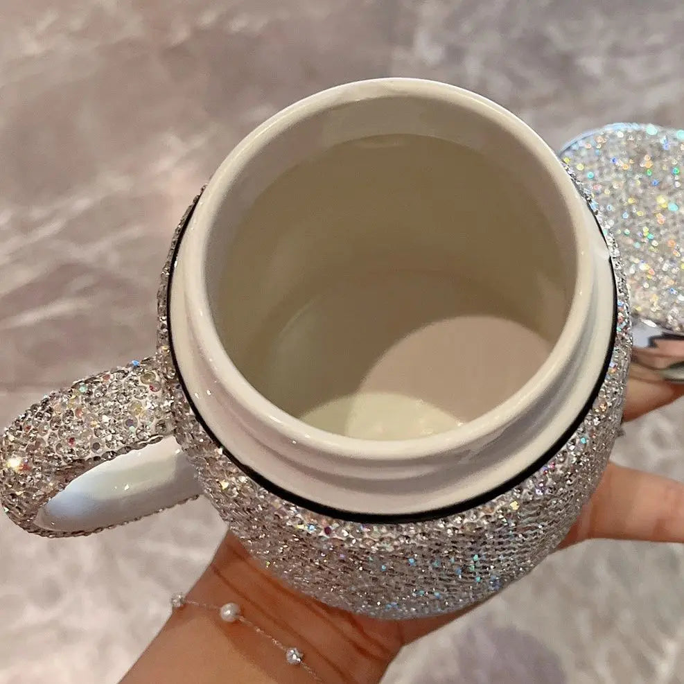 SCAONORCH Sparkling Rhinestones Coffee Mug Cup with Lid with Handle Bling Diamond Ceramic Tea Cup Tumbler Water Bottle Gifts