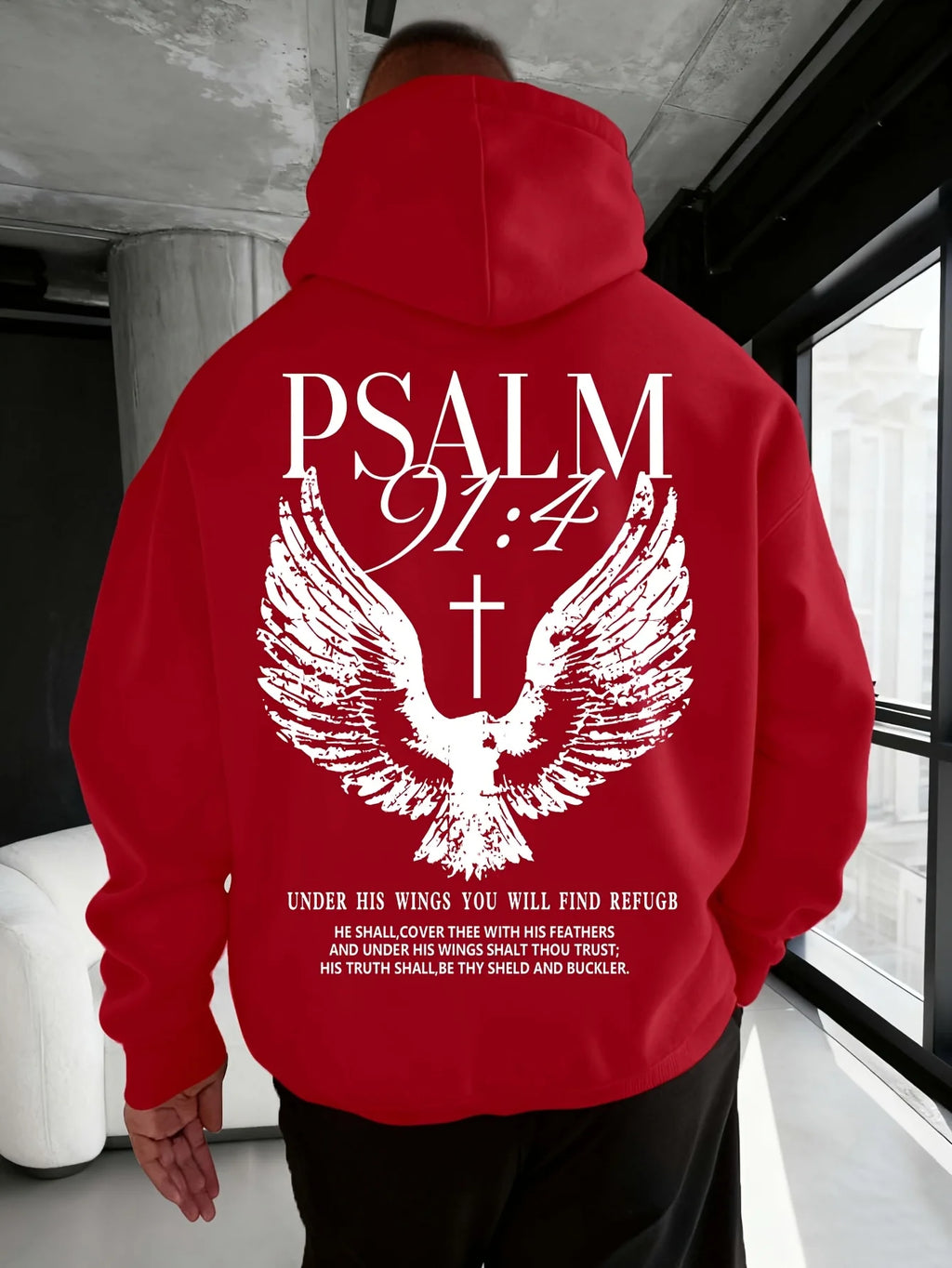 Christian Bible Verse Psalm 91:4 Print Men Women Hooded Sweatshirt Autumn Winter Outdoor Vacation Casual Loose Warm Sportswear
