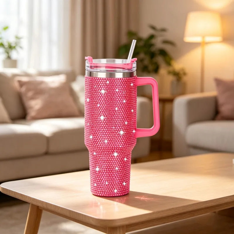 Iridescent White Bling Rhinestone Tumbler with Handle & Straw Vacuum Insulated Stainless Steel Water Cup for Women Travel Gift