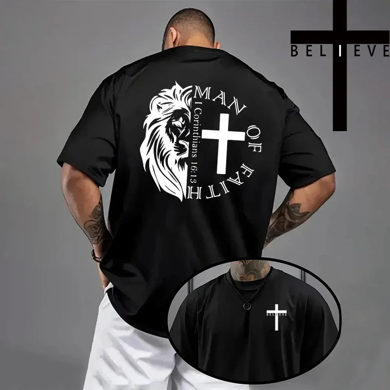 Spring Summer Daily Casual Fashion Jesus Cross Cotton Tees Christ Print T-shirt Men High Quality Pure Color Short Sleeve Top