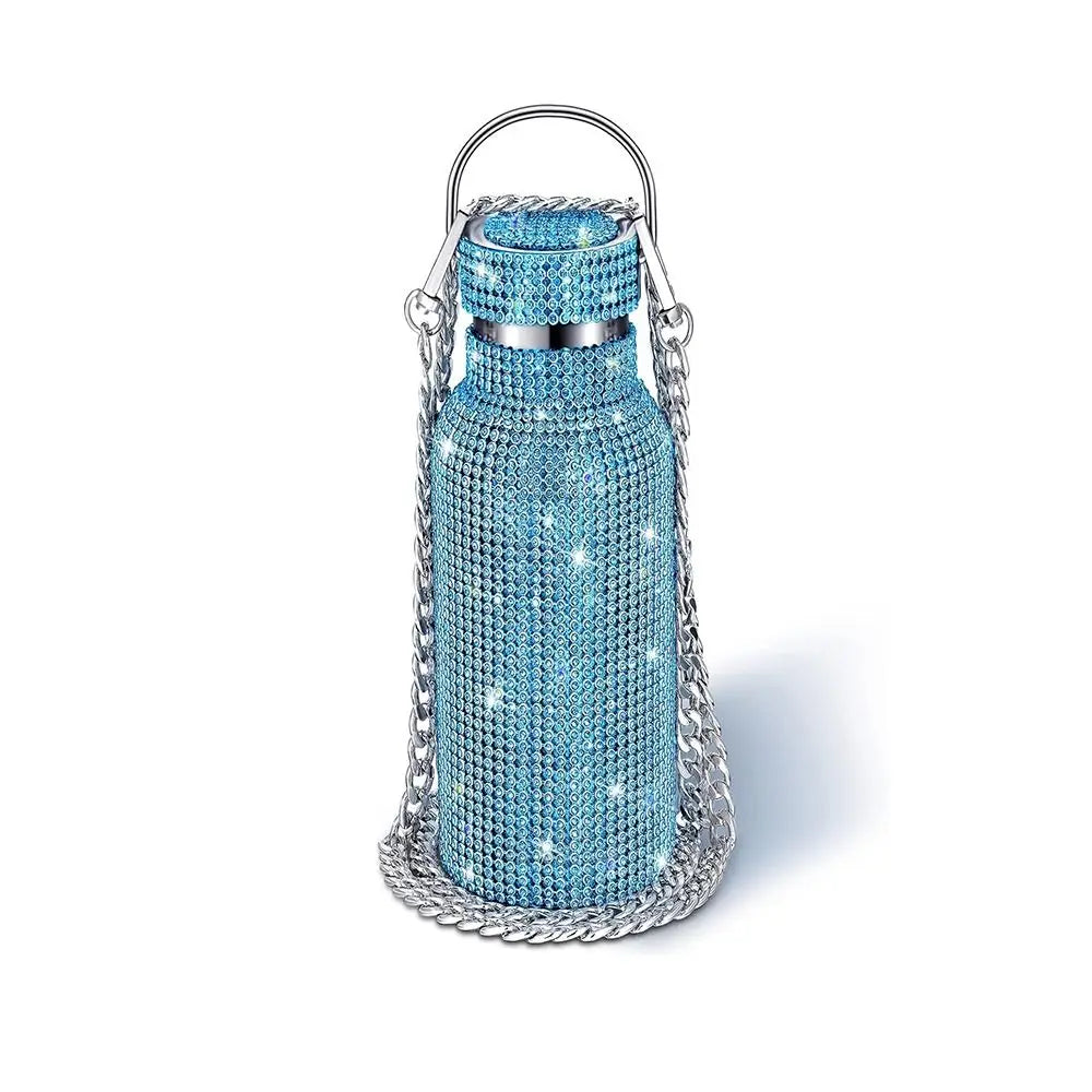 Thermal Rhinestone Water Bottle Stainless Steel Chain Bling Cups Removable Carrying Strap Refillable Glitter Tumbler Travel