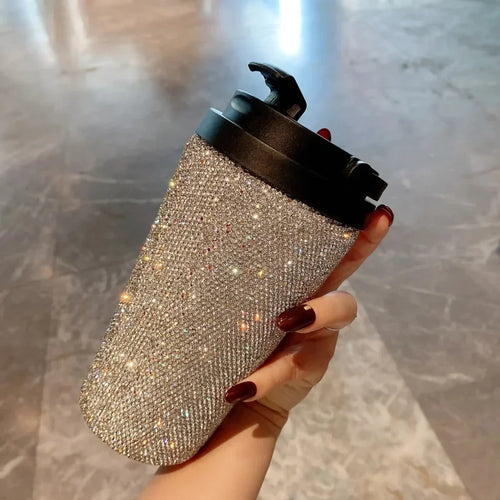 12oz Luxury Rhinestone Tumbler Stainless Steel Thermal Water Bottle Insulated Coffee Mug With Handle Reusable Vacuum Thermal Cup