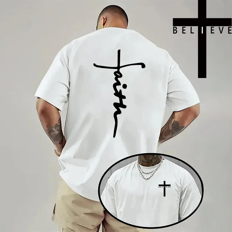 Spring Summer Daily Casual Fashion Jesus Cross Cotton Tees Christ Print T-shirt Men High Quality Pure Color Short Sleeve Top