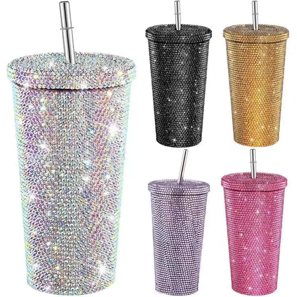 500ml/750ml Rhinestone Thermos Bottles Insulated Shining Glitter Coffee Cup with Lid Straw Creative Stainless Steel Water Bottle