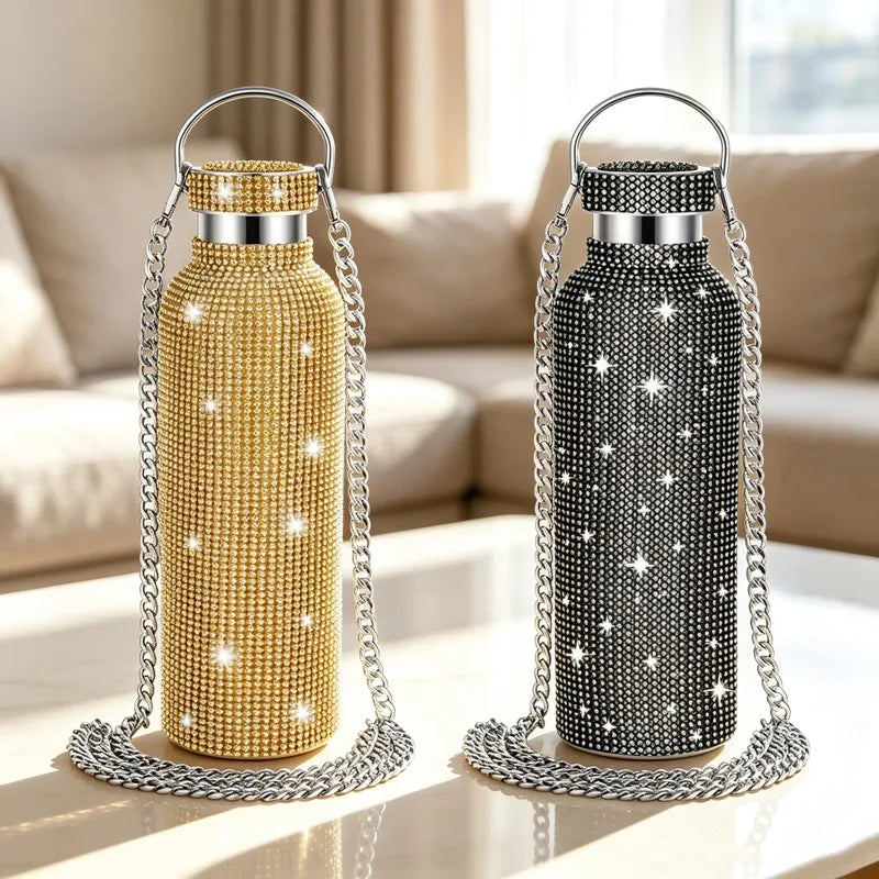 Diamond Studded Stainless Steel Insulated Shiny Insulated Water Bottle Fashion Party Detachable Crossbody Chain Women Gift
