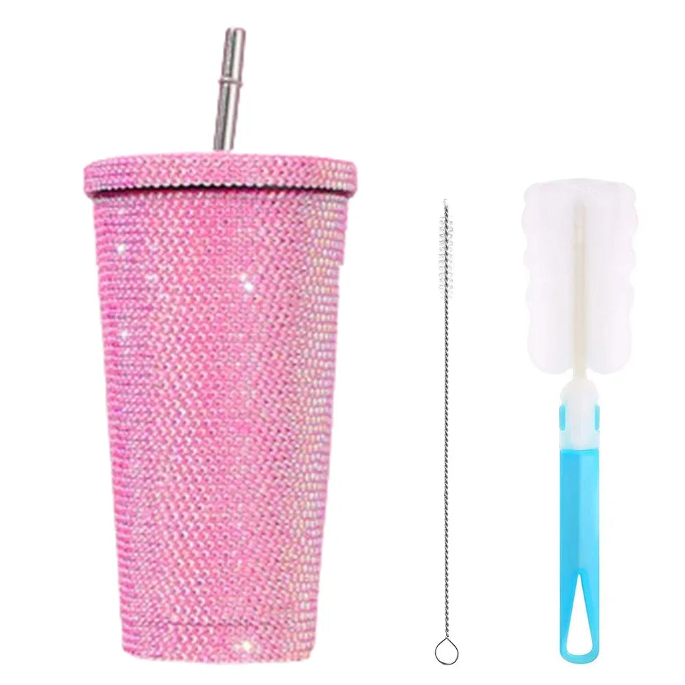 500ml/750ml Rhinestone Thermos Bottles Insulated Shining Glitter Coffee Cup with Lid Straw Creative Stainless Steel Water Bottle