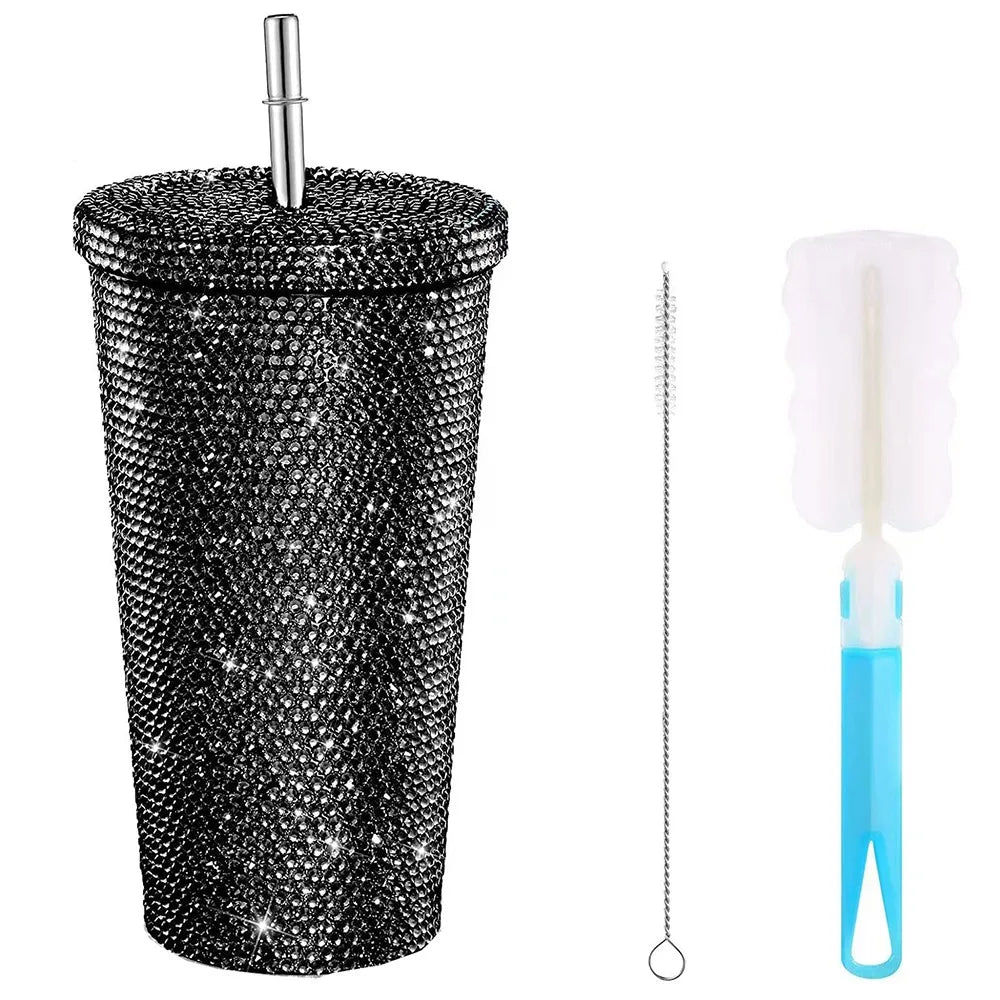 500ml/750ml Rhinestone Thermos Bottles Insulated Shining Glitter Coffee Cup with Lid Straw Creative Stainless Steel Water Bottle