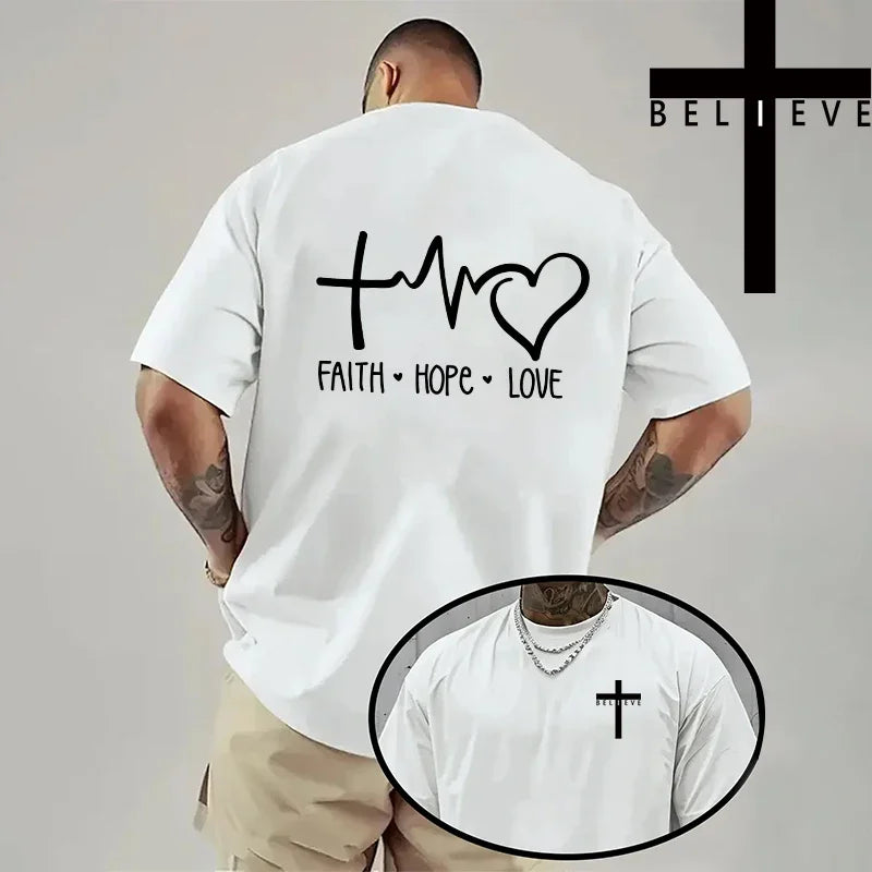 Spring Summer Daily Casual Fashion Jesus Cross Cotton Tees Christ Print T-shirt Men High Quality Pure Color Short Sleeve Top