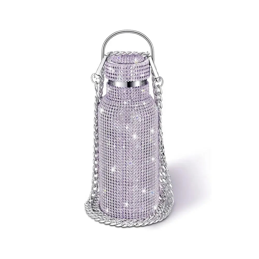 Thermal Rhinestone Water Bottle Stainless Steel Chain Bling Cups Removable Carrying Strap Refillable Glitter Tumbler Travel