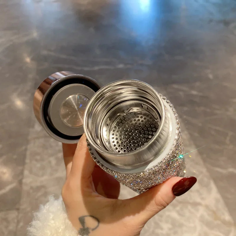 Bling Portable Thermos Cup with Tea Infuser Rhinestone Tumbler Crystal Gift Car Coffee Mug Mini Stainless Steel Water Bottles