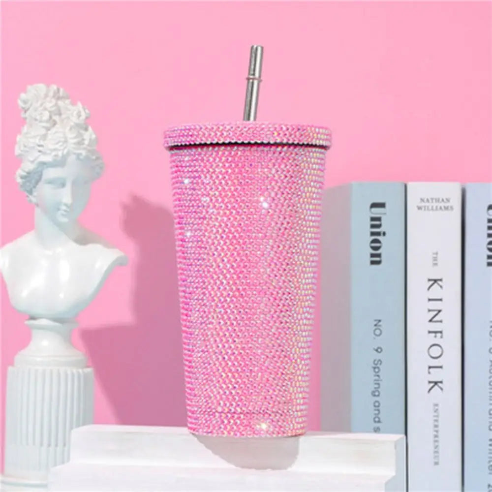 500ml/750ml Rhinestone Thermos Bottles Insulated Shining Glitter Coffee Cup with Lid Straw Creative Stainless Steel Water Bottle