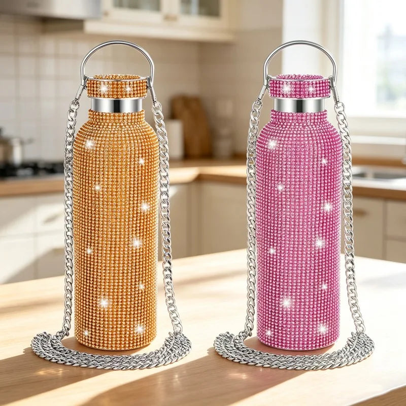 Diamond Studded Stainless Steel Insulated Shiny Insulated Water Bottle Fashion Party Detachable Crossbody Chain Women Gift