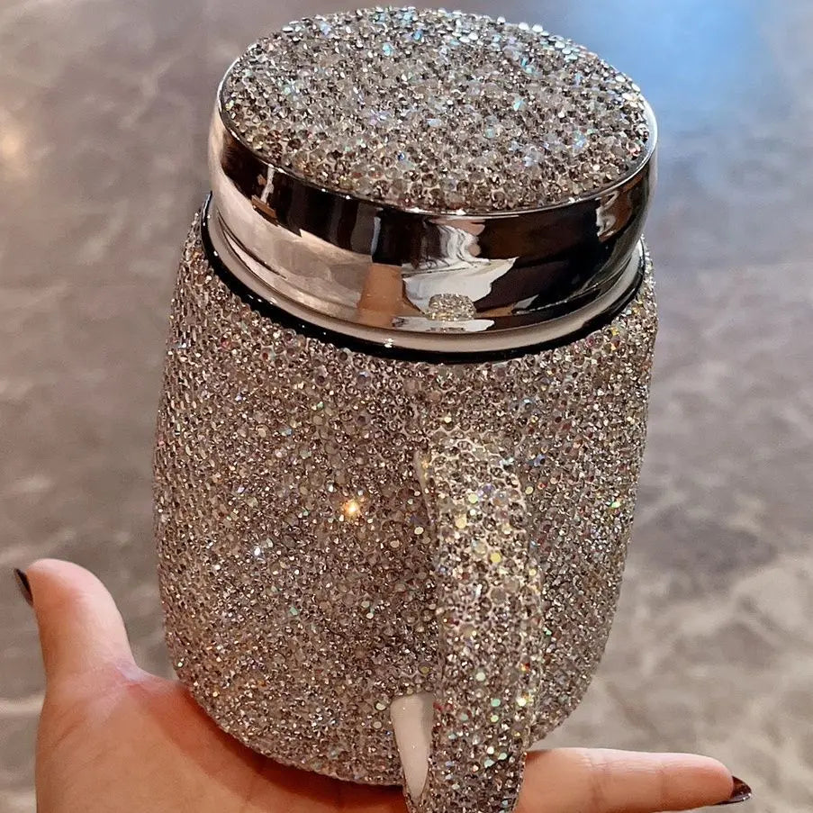 SCAONORCH Sparkling Rhinestones Coffee Mug Cup with Lid with Handle Bling Diamond Ceramic Tea Cup Tumbler Water Bottle Gifts