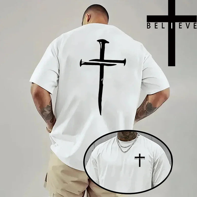 Spring Summer Daily Casual Fashion Jesus Cross Cotton Tees Christ Print T-shirt Men High Quality Pure Color Short Sleeve Top