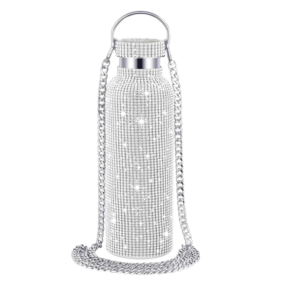 Diamond Studded Stainless Steel Insulated Shiny Insulated Water Bottle Fashion Party Detachable Crossbody Chain Women Gift