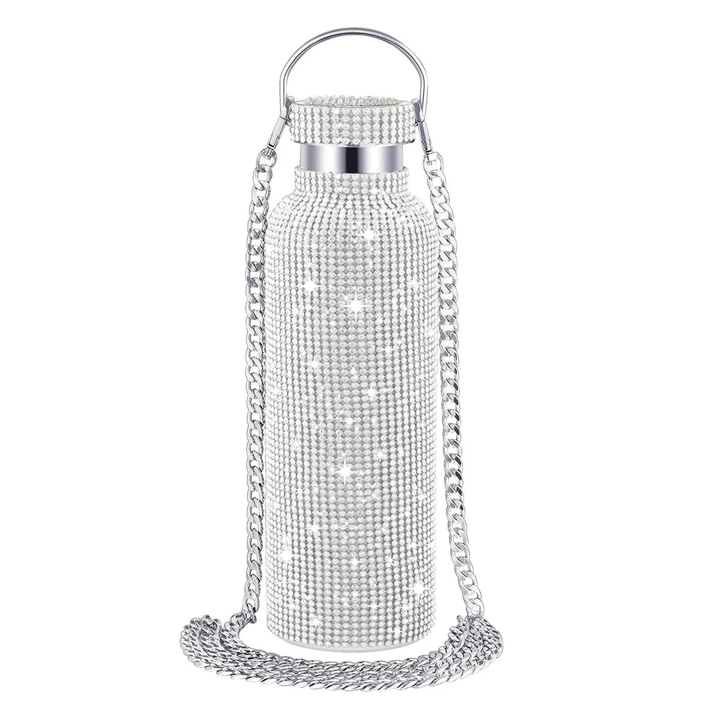 Diamond Studded Stainless Steel Insulated Shiny Insulated Water Bottle Fashion Party Detachable Crossbody Chain Women Gift