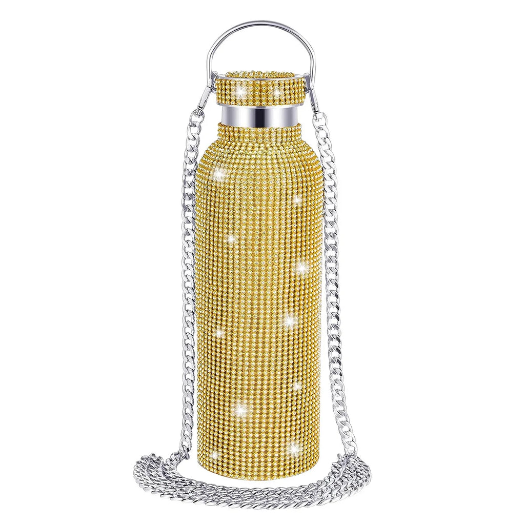 Diamond Studded Stainless Steel Insulated Shiny Insulated Water Bottle Fashion Party Detachable Crossbody Chain Women Gift