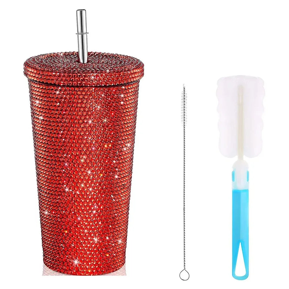 500ml/750ml Rhinestone Thermos Bottles Insulated Shining Glitter Coffee Cup with Lid Straw Creative Stainless Steel Water Bottle