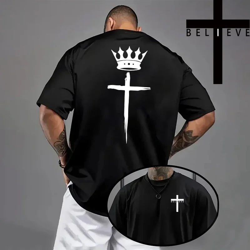 Spring Summer Daily Casual Fashion Jesus Cross Cotton Tees Christ Print T-shirt Men High Quality Pure Color Short Sleeve Top