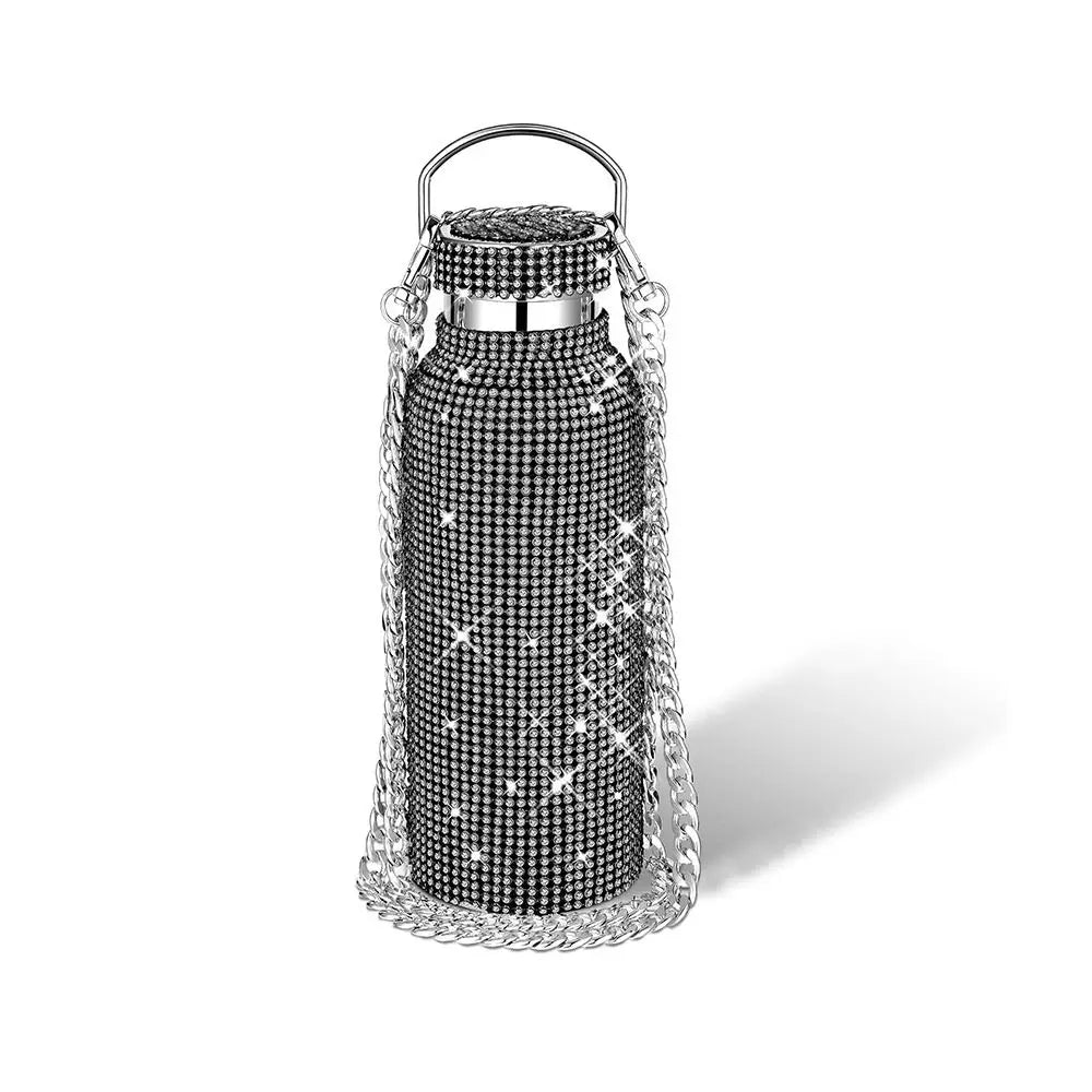 Thermal Rhinestone Water Bottle Stainless Steel Chain Bling Cups Removable Carrying Strap Refillable Glitter Tumbler Travel