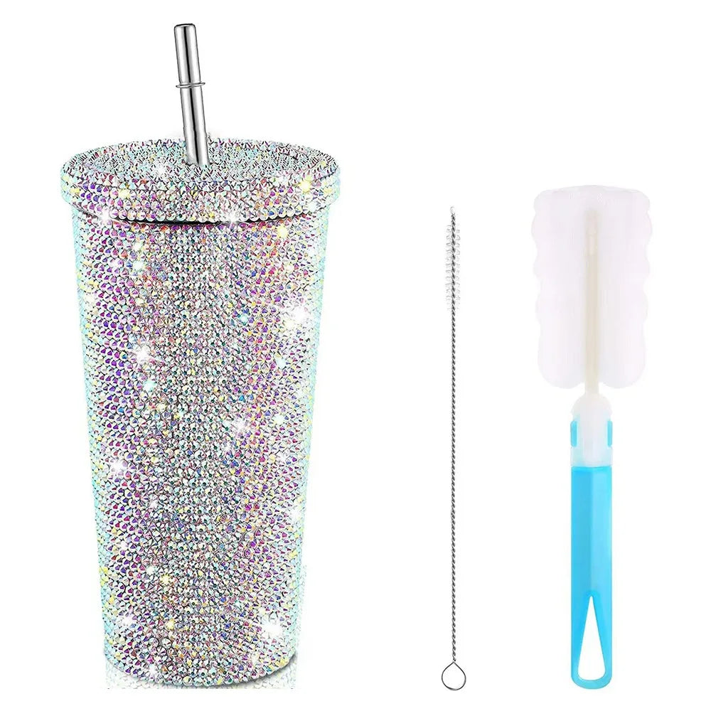 500ml/750ml Rhinestone Thermos Bottles Insulated Shining Glitter Coffee Cup with Lid Straw Creative Stainless Steel Water Bottle