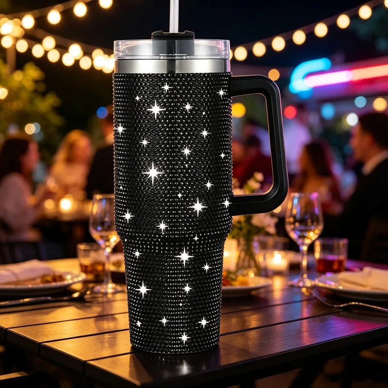 Iridescent White Bling Rhinestone Tumbler with Handle & Straw Vacuum Insulated Stainless Steel Water Cup for Women Travel Gift