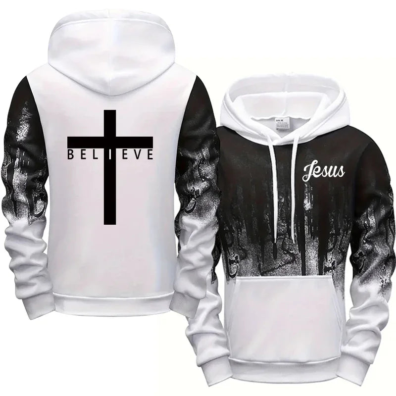 Jesus Christ Style Hoodies for Men High Quality Cross Printed Hooded Sweatshirts All Season Daily Casual Sporty Fashion Pullover