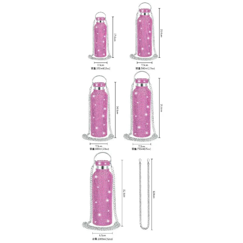 Diamond Studded Stainless Steel Insulated Shiny Insulated Water Bottle Fashion Party Detachable Crossbody Chain Women Gift