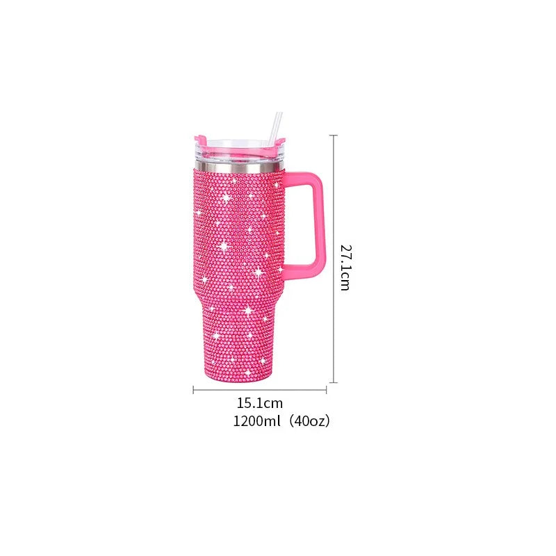 Iridescent White Bling Rhinestone Tumbler with Handle & Straw Vacuum Insulated Stainless Steel Water Cup for Women Travel Gift