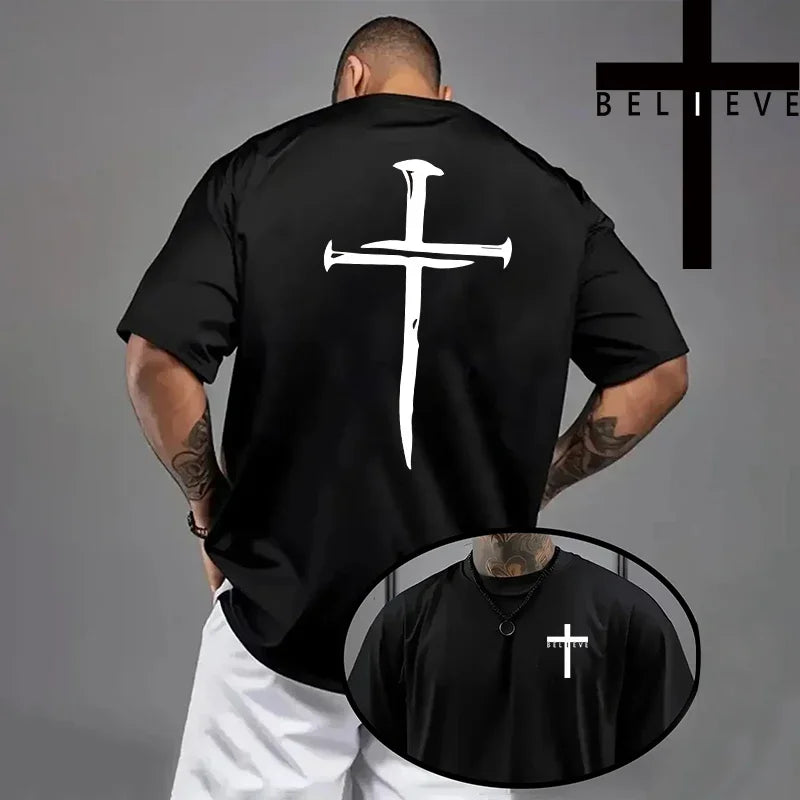 Spring Summer Daily Casual Fashion Jesus Cross Cotton Tees Christ Print T-shirt Men High Quality Pure Color Short Sleeve Top
