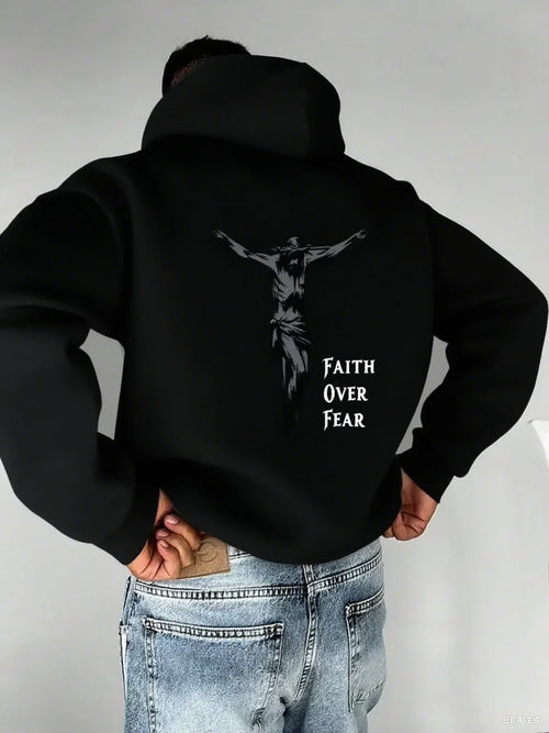 "Christian Faith Overcomes Fear" Cross Print Men Women Hooded Sweatshirt Autumn Winter Daily Outdoor Fitness Casual Sportswear