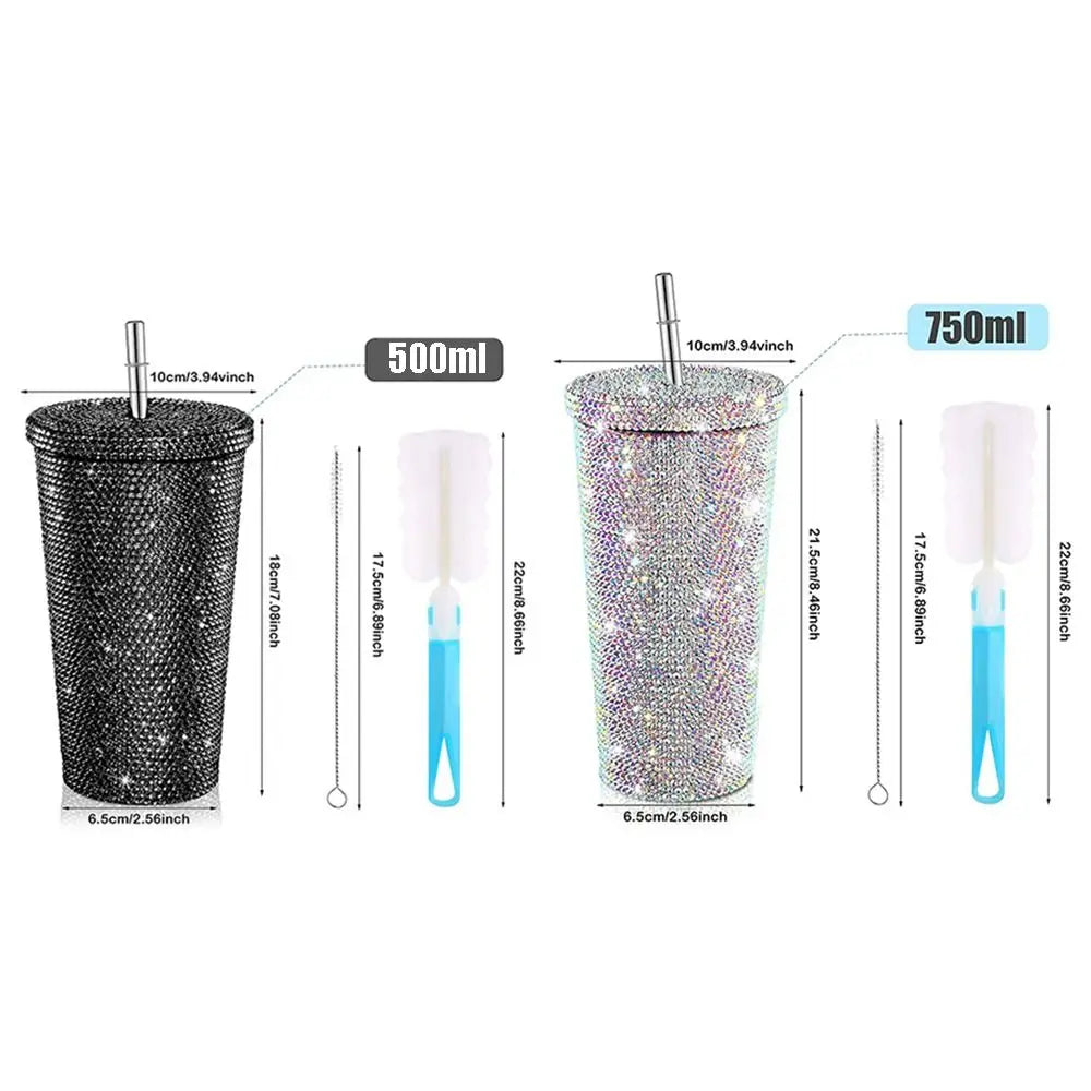 500ml/750ml Rhinestone Thermos Bottles Insulated Shining Glitter Coffee Cup with Lid Straw Creative Stainless Steel Water Bottle