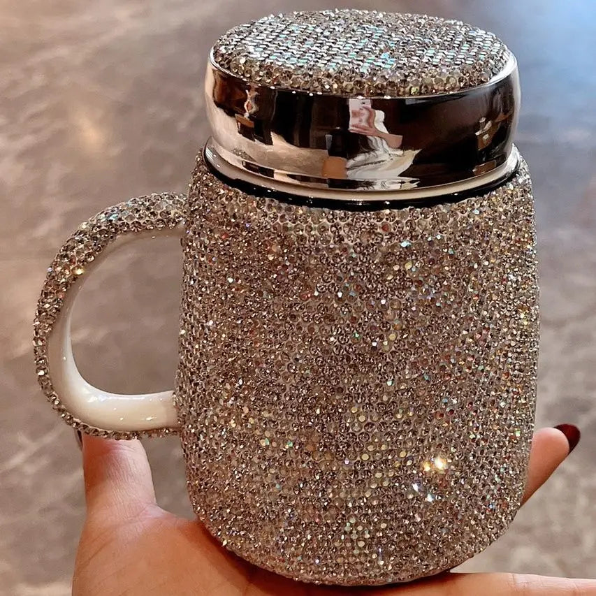 SCAONORCH Sparkling Rhinestones Coffee Mug Cup with Lid with Handle Bling Diamond Ceramic Tea Cup Tumbler Water Bottle Gifts