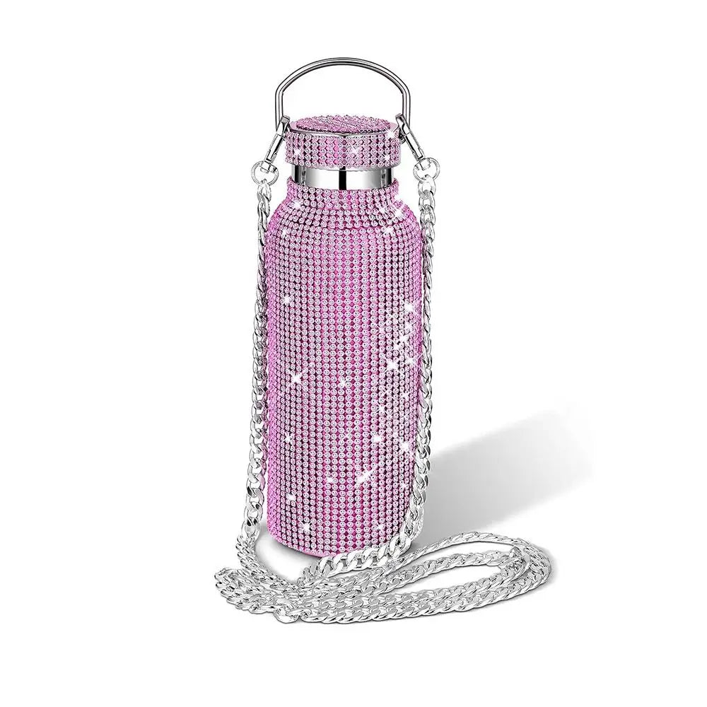 Thermal Rhinestone Water Bottle Stainless Steel Chain Bling Cups Removable Carrying Strap Refillable Glitter Tumbler Travel