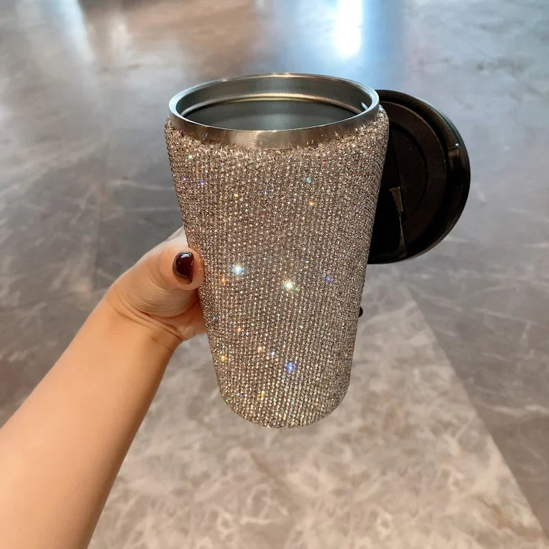 12oz Luxury Rhinestone Tumbler Stainless Steel Thermal Water Bottle Insulated Coffee Mug With Handle Reusable Vacuum Thermal Cup