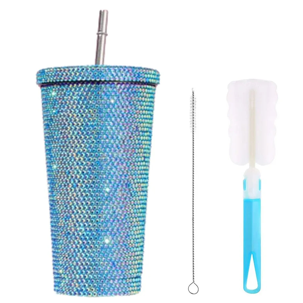 500ml/750ml Rhinestone Thermos Bottles Insulated Shining Glitter Coffee Cup with Lid Straw Creative Stainless Steel Water Bottle