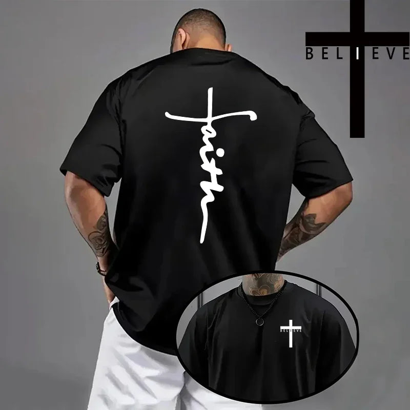 Spring Summer Daily Casual Fashion Jesus Cross Cotton Tees Christ Print T-shirt Men High Quality Pure Color Short Sleeve Top