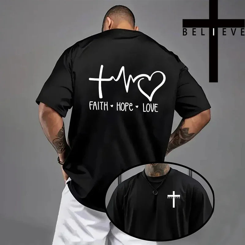 Spring Summer Daily Casual Fashion Jesus Cross Cotton Tees Christ Print T-shirt Men High Quality Pure Color Short Sleeve Top