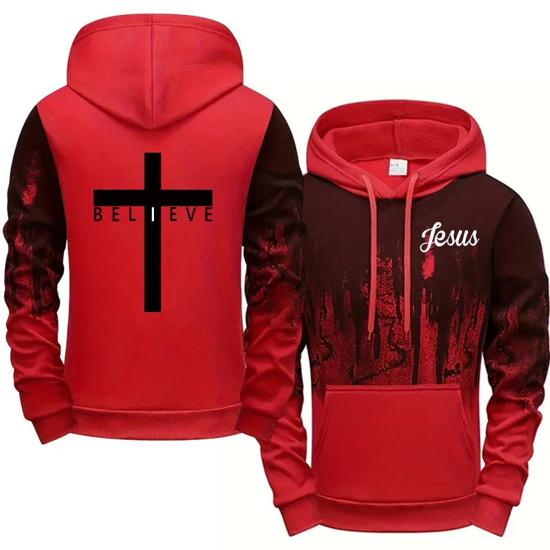 Jesus Christ Style Hoodies for Men High Quality Cross Printed Hooded Sweatshirts All Season Daily Casual Sporty Fashion Pullover