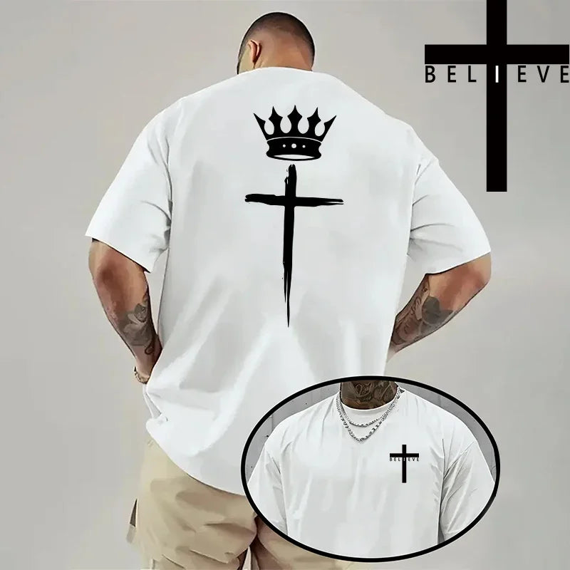 Spring Summer Daily Casual Fashion Jesus Cross Cotton Tees Christ Print T-shirt Men High Quality Pure Color Short Sleeve Top
