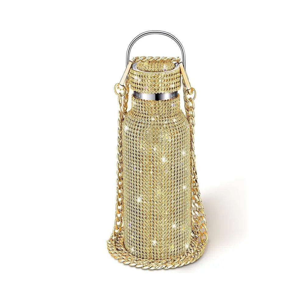 Thermal Rhinestone Water Bottle Stainless Steel Chain Bling Cups Removable Carrying Strap Refillable Glitter Tumbler Travel
