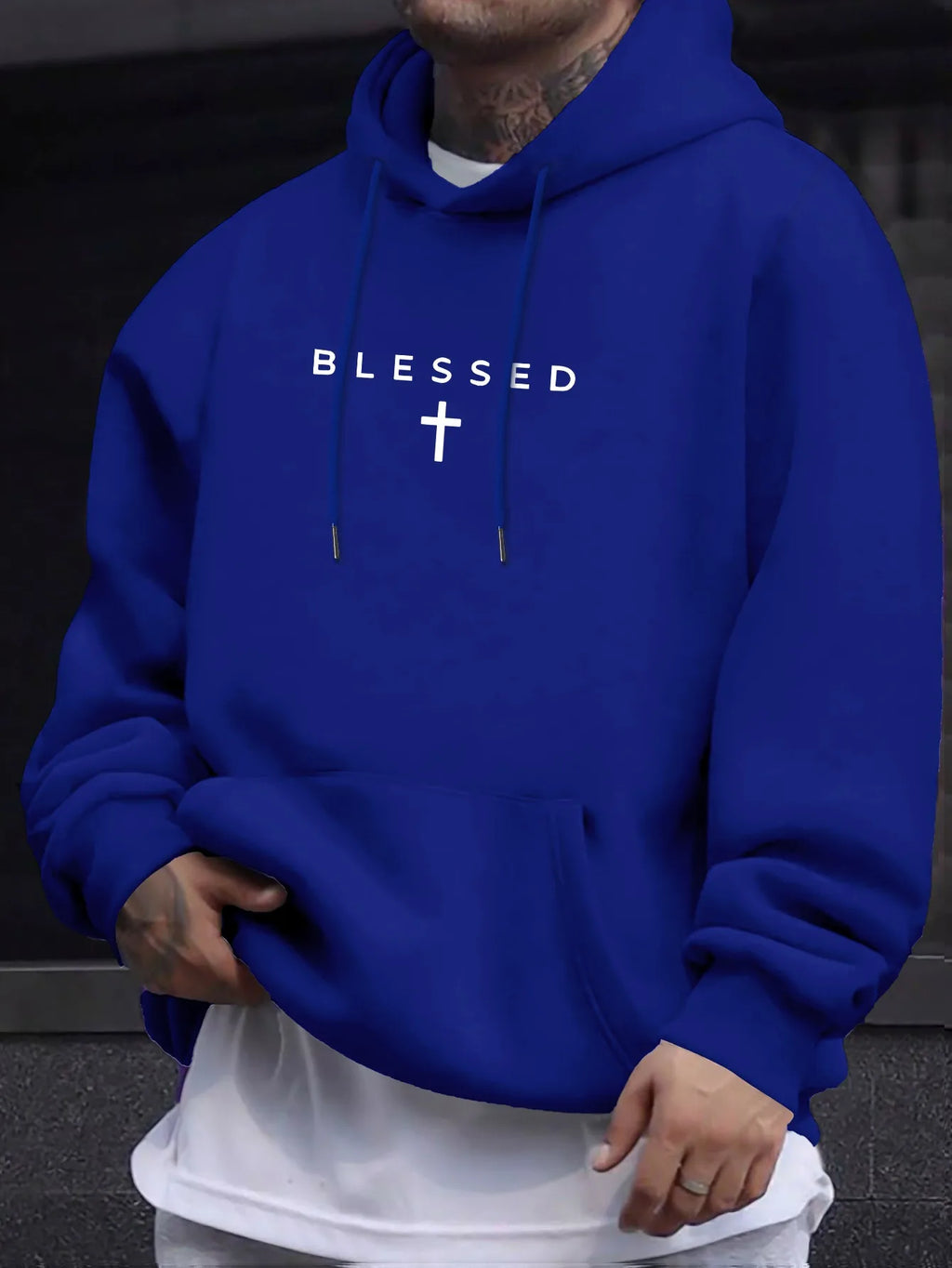 A men's casual hooded sweater with blessing cross design and geometric patterns in a regular fit suitable for spring and autumn