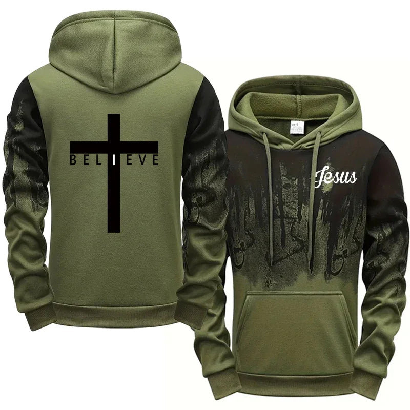 Jesus Christ Style Hoodies for Men High Quality Cross Printed Hooded Sweatshirts All Season Daily Casual Sporty Fashion Pullover